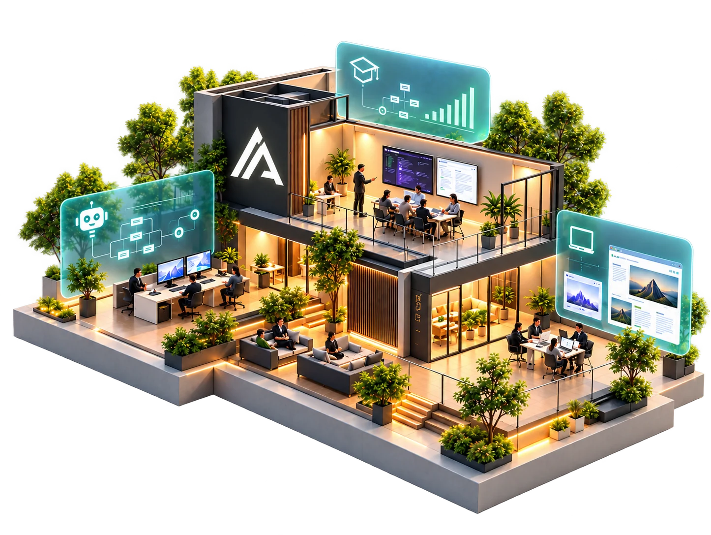 Illustration : bureaux en maquette 3D avec trois panneaux, automatisation, formation IA et sites web